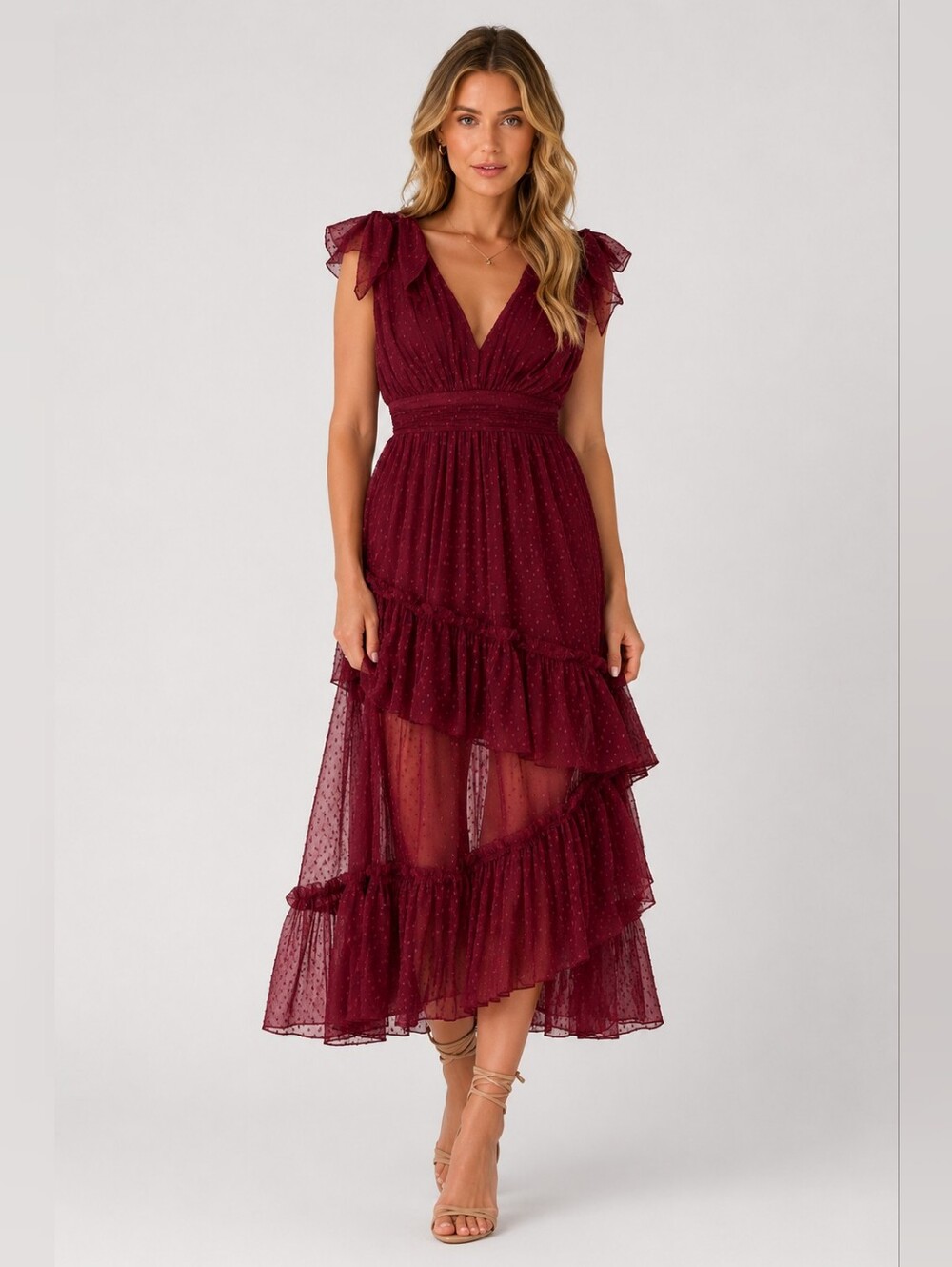 Vici Burgundy Asymmetrical Ruffle Midi Dress